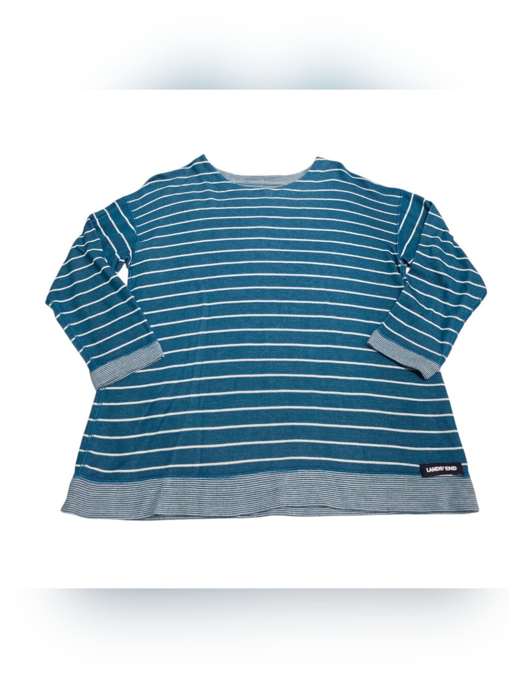 Lands End Blue Striped Top Womens Medium Reversible Quarter Sleeve Casual Shirt